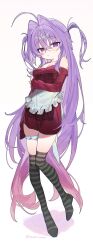 Rule 34 | 1girl, absurdres, ahoge, apron, arm under breasts, bare shoulders, black thighhighs, breasts, closed mouth, commentary, full body, funa (sakana), gradient hair, hair between eyes, hair intakes, highres, horizontal-striped thighhighs, long hair, long sleeves, looking at viewer, medium breasts, multicolored hair, off shoulder, original, pink hair, purple eyes, purple hair, red shirt, shirt, solo, striped clothes, striped thighhighs, symbol-only commentary, thigh strap, thighhighs, two side up, very long hair, waist apron, white apron, white background