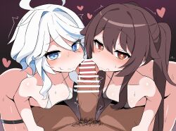 1boy 2girls ahoge ass bar_censor bent_over black_background black_bra blue_eyes blush bra brown_hair censored collarbone completely_nude cooperative_fellatio drop-shaped_pupils fellatio ffm_threesome flower-shaped_pupils furina_(genshin_impact) genshin_impact gradient_background group_sex hair_between_eyes hair_over_one_eye hatenamaru heart hetero heterochromia highres hu_tao_(genshin_impact) just_the_tip long_hair looking_at_viewer medium_hair multiple_girls nose_blush nude oral penis pov pubic_hair red_background red_eyes saliva sidelocks sweat symbol-shaped_pupils teamwork_(sexual) thigh_strap threesome tongue tongue_out twintails underwear veins white_bra