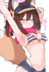 1girl absurdres animal_ear_fluff animal_ears arm_up armpits arrow_(symbol) bikini blue_archive blush breasts cleavage closed_eyes closed_mouth commentary_request denim denim_shorts flower fox_ears fox_girl fox_tail hair_flower hair_ornament halo highleg highleg_bikini highres izuna_(blue_archive) izuna_(swimsuit)_(blue_archive) medium_breasts nyashiro_(sgylk) official_alternate_costume one_side_up pink_halo pink_scarf pom_pom_(clothes) pom_pom_hair_ornament rope scarf shimenawa short_hair shorts simple_background solo stretching striped_bikini striped_clothes sunflower sunflower_hair_ornament swimsuit tail visor_cap white_background