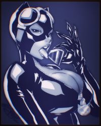 1girl animal_ears batman_(series) black_border bodysuit border breasts cat_ears catsuit catwoman cleavage dc_comics fake_animal_ears female_focus fingernails gem gloves goggles goggles_on_head high_contrast highres huge_breasts inktober lips looking_at_viewer monochrome robaato selina_kyle sharp_fingernails skin_tight solo tongue tongue_out unzipped zipper zipper_pull_tab