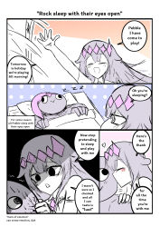 1boy 1girl absurdres akukan bed blush chest_jewel comic cracked_skin crown english_text gem hair_flaps heart highres hololive hololive_english kissing_cheek koseki_bijou koseki_bijou_(1st_costume) pebble_(koseki_bijou) sleeping smile sweat virtual_youtuber waving white_background zzz