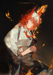 1girl absurdres animal_ears arknights belt_buckle bird_ears black_background black_gloves black_jacket black_skirt buckle bug butterfly buttons closed_mouth collared_shirt commentary cowboy_shot deng_wo_qu_shang_ge_cesuo embers expressionless fiammetta_(arknights) fire floating_clothes frilled_skirt frills gloves hair_between_eyes high-waist_skirt highres insect jacket long_sleeves looking_to_the_side loose_hair_strand miniskirt multicolored_hair name_tag neckerchief red_eyes red_hair red_neckerchief removing_jacket shirt skirt three-quarter_sleeves solo suspender_skirt suspenders symbol-only_commentary two-tone_hair white_hair white_shirt