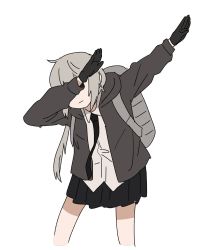 1girl ahoge anyan_(jooho) backpack bag black_gloves black_necktie black_skirt blouse collared_shirt dab_(dance) dress_shirt female_focus girls&#039;_frontline gloves highres jacket low_ponytail m200_(girls&#039;_frontline) messy_hair necktie ponytail shirt silver_hair simple_background skirt solo white_background white_shirt
