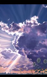 blue_sky cattail cloud cloudy_sky commentary_request flower gradient_sky highres letterboxed light_rays mizuasagi no_humans orange_sky original outdoors plant power_lines scenery sky sunbeam sunlight utility_pole white_flower
