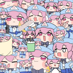 &gt;_&lt; :3 against_fourth_wall arms_up banana black_bow black_bowtie blanket blue_bow blue_hat blue_ribbon blush_stickers bow bowtie chibi chibi_only closed_mouth collage comedian_(artwork) drink drinking_straw drinking_straw_in_mouth food fruit happy hat highres ice_cream japanese_clothes kimono medium_hair mob_cap obi open_mouth pearto pink_eyes pink_hair ribbon saigyouji_yuyuko sash sleeping too_many touhou triangular_headpiece y75zei