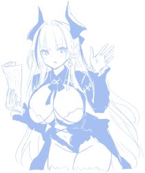 1girl admiral_zenker_(azur_lane) azur_lane azur_lane:_slow_ahead breasts cleavage dress earrings greyscale hair_ribbon highres holding holding_paper hori_(hori_no_su) horns jewelry large_breasts long_sleeves monochrome navel official_art paper ribbon simple_background solo thighhighs unfinished white_background