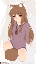 1girl absurdres animal_ear_fluff animal_ears arm_support arms_up blush brown_hair closed_mouth commentary cropped_legs english_commentary highres holo likunea long_hair looking_at_viewer no_pants patreon_logo patreon_username pink_shirt pouch red_eyes shirt sitting spice_and_wolf tail twitter_username twitter_x_logo very_long_hair wolf_ears wolf_girl wolf_tail zoom_layer