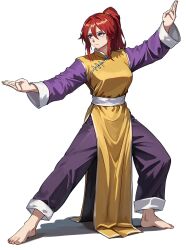 1girl barefoot breasts changpao chinese_clothes dress fighting_stance highres kokoro_no_koibito kung_fu long_sleeves martial_arts original pants ponytail purple_eyes purple_pants purple_sleeves red_hair serious white_sleeve_cuffs yellow_dress