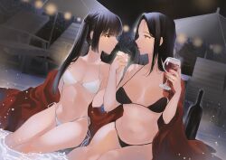 2girls alcohol bikini black_bikini black_hair bottle breasts brown_eyes chair closed_mouth commentary_request commission cup drinking_glass emodelas holding_hands interlocked_fingers large_breasts long_hair looking_at_another lounge_chair multiple_girls night original outdoors pixiv_commission red_nails red_wine sitting small_breasts smile soaking_feet swimsuit twintails umbrella wet white_bikini wine wine_bottle wine_glass yellow_eyes yuri
