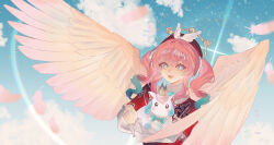 1girl absurdres animal aqua_eyes aqua_hair beret blue_sky chimera_(honkai:_star_rail) commentary_request dress falling_feathers feathers hat highres holding holding_animal honkai:_star_rail honkai_(series) hyacine_(honkai:_star_rail) little_ica_(honkai:_star_rail) medium_hair multicolored_hair oekakidekinai1 open_mouth pink_hair red_dress sky twintails two-tone_hair upper_body white_wings wings