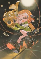 Rule 34 | 1girl, :d, agent 4 (splatoon), behind-the-head headphones, bike shorts, black boots, black shorts, boots, colored tongue, fangs, full body, green jacket, headphones, highres, holding, holding weapon, hood, hood down, hooded jacket, ink tank (splatoon), inkling, jacket, long sleeves, looking at viewer, medium hair, nintendo, open mouth, orange eyes, orange hair, orange tongue, rainmaker (splatoon), shorts, smile, solo, splatoon (series), splatoon 2, tentacle hair, towo nita, weapon