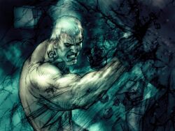 Rule 34 | 1boy, angry, black gloves, broken wall, bryan fury, cleft chin, clenched hands, clenched teeth, debris, game cg, gloves, grey hair, kawano takuji, male focus, muscular, muscular male, neck tattoo, no eyebrows, official art, parted lips, punching, scar, scar across eye, scar on face, short hair, solo, tattoo, teeth, tekken, tekken 4, topless male, white hair