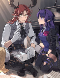 Rule 34 | 1boy, 1girl, absurdres, animal ears, antlers, arknights, ascot, black ascot, black boots, black bow, black coat, black gloves, black thighhighs, boots, bow, bracelet, braid, braided ponytail, breasts, coat, commentary request, corsage, czerny (arknights), deer antlers, deer boy, deer ears, demon horns, double-parted bangs, dress, feet out of frame, flower, full body, gloves, grand piano, green eyes, grey vest, hair bow, hibiscus, hibiscus (arknights), hibiscus the purifier (arknights), highres, horns, indian style, indoors, infection monitor (arknights), instrument, jewelry, knee boots, large breasts, long hair, monochrome, noshima, piano, pointing, pointing at self, pointy ears, purple dress, purple eyes, purple hair, seiza, sheet music, shirt, sitting, sleeves rolled up, thighhighs, vest, white gloves, white shirt