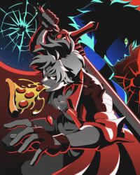 1boy 1girl artist_name coat dante_(devil_may_cry) devil_may_cry_(netflix) devil_may_cry_(series) fingerless_gloves food gloves green_eyes highres jewelry lady_(devil_may_cry) necklace otagothic pizza pizza_slice rebellion_(sword) red_coat red_eyes sword weapon white_hair