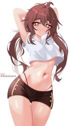 Rule 34 | 1girl, absurdres, arms behind back, artist name, black shorts, breasts, brown hair, close-up, closed mouth, commentary, cowboy shot, crop top, cropped shirt, english commentary, flower-shaped pupils, g-string, genshin impact, groin, highleg, highleg panties, highres, hu tao (genshin impact), long hair, looking at viewer, midriff, navel, navel focus, nebulaere, no bra, panties, panty straps, red eyes, short shorts, shorts, simple background, small breasts, smile, solo, stomach, symbol-shaped pupils, thigh gap, thong, torso, twitter username, underboob, underwear, white background