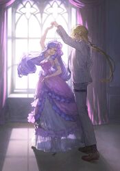1boy 1girl absurdres arched_window black_necktie black_shoes black_socks blonde_hair bow bracelet closed_eyes curtains dancing dress dress_bow ear_piercing earrings fang formal_clothes grey_suit hair_bow high_heels highres hugo_vlad jacket jewelry lapel_pin light_particles long_dress long_hair mole mole_under_eye necklace necktie piercing pointy_ears purple_bow purple_dress purple_hair red_eyes ring_hair_ornament shoes sleeveless sleeveless_dress smile socks striped_clothes striped_jacket suit thigh_strap vertical-striped_clothes vertical-striped_jacket vivian_(zenless_zone_zero) window yurika48597221 zenless_zone_zero