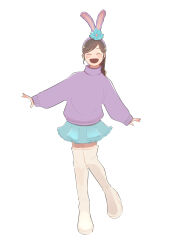 1girl absurdres animal_ears animification boots closed_mouth duffy_and_friends fake_animal_ears full_body gamorangetana highres humanization long_sleeves looking_at_viewer open_mouth ponytail rabbit_ears rabbit_girl skirt smile solo standing stellalou stuffed_toy
