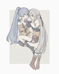 Rule 34 | 2girls, black dress, black gloves, black ribbon, black shoes, blue eyes, boots, brown boots, brown jacket, commentary, dress, fu hua, fu hua (hawk of the fog), herrscher of sentience, fu hua (valkyrie accipiter), gloves, grey hair, hair ribbon, high ponytail, honkai (series), honkai impact 3rd, invisible chair, jacket, long hair, multiple girls, ponytail, red eyes, ribbon, shirt, shoes, sitting, sitting on lap, sitting on person, tya tya 3rd, very long hair, white shirt