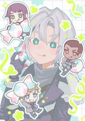 1girl 3boys aged_down arm_armor armor arms_up black_coat black_footwear black_gloves blonde_hair blue_eyes boots bracer buzz_cut candy chest_strap chibi chibi_inset coat commentary dark_skin facial_hair final_fantasy final_fantasy_vii final_fantasy_vii_ever_crisis food fujiya glenn_lodbrok gloves green_eyes grey_hair grey_jacket grid_background grin hand_up hands_on_own_hips heart highres holding holding_candy holding_food jacket keiseki1 knee_pads leaning leaning_back light_smile long_sleeves lucia_lin male_focus matt_winsord multiple_boys oversized_food oversized_object pants pauldrons purple_hair red_eyes sephiroth sephiroth_(ever_crisis) short_hair shoulder_armor smile sparkle square_enix star_(symbol) streamers sweater symbol-only_commentary tongue tongue_out turtleneck turtleneck_sweater upper_body very_short_hair