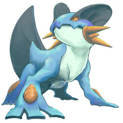 animal_focus black_eyes closed_mouth commentary_request full_body game_freak gen_3_pokemon kabe_tora nintendo no_humans nostrils orange_eyes pokemon pokemon_(creature) simple_background solo standing swampert white_background