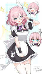 ? absurdres animal_print blue_eyes bow cyrene_(honkai:_star_rail) dress garter_straps hair_ornament highres holding honkai:_star_rail honkai_(series) lao_xi looking_at_viewer maid pink_hair purple_bow rabbit_print short_hair smile star_(symbol) thighhighs white_background