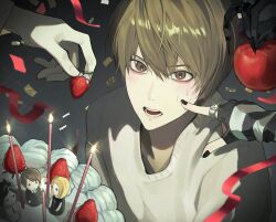 1girl 3boys absurdres amane_misa blush brown_hair cake character_doll death_note doll eoseo88 fingerless_gloves food fruit gloves grey_eyes happy_birthday highres holding holding_food holding_fruit l_(death_note) multiple_boys open_mouth out_of_frame ryuk short_hair strawberry strawberry_cake teeth upper_body yagami_light