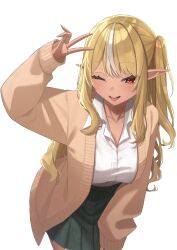 1girl alternate_costume alternate_hairstyle asymmetrical_hair black_skirt blonde_hair blush breasts brown_cardigan cardigan collared_shirt commentary cowboy_shot dark-skinned_female dark_elf dark_skin elf highres hololive leaning_forward long_hair looking_at_viewer medium_breasts miniskirt multicolored_hair one_eye_closed one_side_up open_cardigan open_clothes open_mouth pleated_skirt pointy_ears red_eyes roridaitouryou shiranui_flare shirt shirt_tucked_in sidelocks simple_background skirt sleeves_past_wrists smile solo standing streaked_hair swept_bangs tongue tongue_out tsurime two-tone_hair v virtual_youtuber white_background white_hair white_shirt wing_collar