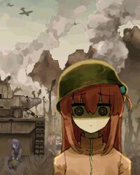 4girls absurdres aircraft airplane blue_hair blue_skirt blue_vest bocchi_the_rock! cube_hair_ornament dragonostic fighter_jet gotoh_hitori hair_ornament hat helmet highres ijichi_nijika jacket kita_ikuyo military military_hat military_vehicle motor_vehicle multiple_girls outdoors pink_hair pink_jacket pink_track_suit shaded_face skirt smoke tank the_two-thousand_yard_stare thousand_yard_stare track_jacket track_suit vest war yamada_ryo