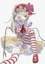 Rule 34 | 1984 (cw1000110), 1girl, alternate color, ascot, blonde hair, blush, collared dress, commentary request, crossed bangs, crystal wings, dress, fang, flandre scarlet, frills, gloves, hair between eyes, hand up, hat, hat ribbon, highres, long hair, long sleeves, looking at viewer, mcdonald&#039;s, mob cap, multicolored wings, one eye closed, open mouth, pinafore dress, puffy long sleeves, puffy sleeves, purple ribbon, red ascot, red eyes, red hat, red shoes, ribbon, ronald mcdonald, shirt, shoes, side ponytail, simple background, sitting, skin fang, sleeveless, sleeveless dress, solo, striped clothes, striped shirt, striped thighhighs, thighhighs, touhou, white background, white shirt, white thighhighs, wings, yellow dress, yellow gloves