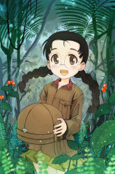 1girl :d black_hair blurry blurry_foreground blush_stickers braid brown_eyes brown_headwear brown_jacket chi-hatan_military_uniform commentary_request day depth_of_field fukuda_haru girls_und_panzer glasses helmet holding holding_helmet ivy jacket jungle long_hair long_sleeves low_twin_braids low_twintails military military_uniform miniskirt nature open_mouth outdoors partial_commentary plant pleated_skirt rimless_eyewear round_eyewear skirt smile solo sweat tree twin_braids twintails unworn_headwear unworn_helmet yellow_skirt yurikuta_tsukumi