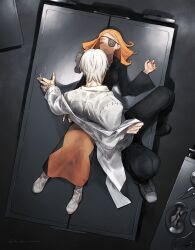 1boy 1girl black_pants black_shirt black_skirt boots cigarette closed_eyes coat eyepatch franken_stein_(soul_eater) from_above grey_hair hetero highres hissiu holding holding_cigarette indoors lab_coat long_hair long_skirt looking_at_another lying marie_mjolnir on_back orange_hair pants parted_lips removing_coat shadow shirt shoes short_hair sitting skirt smoke soul_eater white_boots white_coat white_shirt