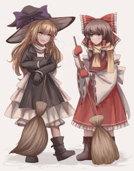 2girls absurdres ascot black_gloves blonde_hair boots bow braid broom brown_eyes brown_hair commentary detached_sleeves english_commentary eye_contact forbidden_scrollery frilled_bow frilled_hair_tubes frills gloves hair_bow hair_tubes hakurei_reimu hat hat_bow highres holding holding_broom kirisame_marisa long_hair long_sleeves looking_at_another mittens multiple_girls official_alternate_costume open_mouth purple_bow red_bow red_mittens red_skirt ribbon-trimmed_sleeves ribbon_trim scarf side_braid single_braid skirt skirt_set smile there2007 touhou very_long_hair witch_hat yellow_ascot yellow_eyes yellow_scarf