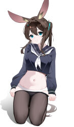 1girl absurdres amiya_(arknights) animal_ears arknights arms_at_sides black_pantyhose blue_eyes blue_ribbon blue_sailor_collar blue_shirt breasts brown_hair chinese_commentary closed_mouth clothes_pull commentary_request crop_top cropped_shirt double-parted_bangs full_body hair_between_eyes hair_over_shoulder hair_ribbon hair_spread_out highres long_bangs long_hair long_sidelocks long_sleeves looking_at_viewer medium_breasts midriff navel neckerchief no_pants panties panties_under_pantyhose pantyhose pantyhose_pull ponytail pulling_own_clothes rabbit_ears rabbit_girl ribbon sailor_collar sailor_shirt seiza shenmi_de_xigua shirt sidelocks simple_background sitting smile solo split_mouth underwear very_long_hair white_background white_neckerchief white_panties