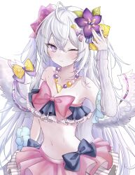 Rule 34 | 1girl, absurdres, ahoge, azusa (blue archive), azusa (swimsuit) (blue archive), bare shoulders, bead necklace, beads, blue archive, blush, bow, breasts, cleavage, collarbone, commentary request, detached sleeves, double-parted bangs, flower, hair flower, hair ornament, highres, jewelry, klee-on, long eyelashes, long hair, navel, necklace, official alternate costume, one eye closed, pink nails, purple eyes, simple background, sleeves past wrists, solo, stomach, white background, white hair