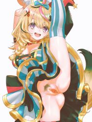 Rule 34 | 1girl, :d, absurdres, ahoge, animal ear fluff, animal ears, anversailles, arm strap, armpits, arms up, ass, asymmetrical legwear, black hair, blonde hair, blue bow, blue skirt, blue thighhighs, bow, bowtie, braid, breasts, cleavage, clitoris, commentary, commission, double-parted bangs, facial mark, female pubic hair, fox ears, fox girl, fox tail, hair between eyes, hair bow, hair ornament, hair over shoulder, hairclip, hat, heart, heart-shaped pupils, highres, holding own leg, hololive, jester cap, layered skirt, leg lift, long hair, looking at viewer, mark under eye, miniskirt, mismatched legwear, multicolored hair, no panties, omaru polka, omaru polka (1st costume), open mouth, pink hair, pink thighhighs, pubic hair, purple eyes, pussy, red bow, red bowtie, shirt, side braid, simple background, single braid, skirt, sleeveless, sleeveless shirt, smile, solo, split, standing, standing on one leg, standing split, streaked hair, striped clothes, striped skirt, striped thighhighs, symbol-only commentary, symbol-shaped pupils, tail, teeth, thighhighs, tilted headwear, traditional bowtie, uncensored, upper teeth only, variant set, vertical-striped clothes, vertical-striped skirt, vertical-striped thighhighs, virtual youtuber, white background, x hair ornament