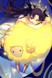 1girl armlet ass bare_shoulders black_hair black_thighhighs detached_sleeves dumuzid_(fate) earrings echo_(circa) fate/grand_order fate_(series) gold_trim hair_ribbon heavenly_boat_maanna hoop_earrings ishtar_(fate) jewelry long_hair looking_at_viewer neck_ring open_mouth parted_bangs red_eyes ribbon sheep single_detached_sleeve single_thighhigh skirt thighhighs thighlet tiara two_side_up weapon white_skirt