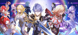 3boys 6+girls abs absurdres aglaea_(honkai:_star_rail) anaxa_(honkai:_star_rail) animal_ears antenna_hair aqua_hair arm_tattoo armlet armor black_choker black_coat black_gloves black_shirt blonde_hair blue_cape blue_eyes braid cape castorice_(honkai:_star_rail) cat_ears cat_girl chest_tattoo choker cipher_(honkai:_star_rail) coat commentary_request dress facial_tattoo fingerless_gloves flower gloves gold_necklace gradient_hair hair_between_eyes hair_flower hair_ornament highres holding holding_sword holding_weapon honkai:_star_rail honkai_(series) hyacine_(honkai:_star_rail) jewelry kass_(jtsp0) laurel_crown medium_hair multicolored_hair multiple_boys multiple_girls mydei_(honkai:_star_rail) necklace open_clothes open_coat pauldrons phainon_(honkai:_star_rail) pink_hair purple_eyes purple_hair red_hair red_tattoo shirt short_hair shoulder_armor side_braid single_glove single_pauldron sword tattoo tiara toned toned_male trianne_(honkai:_star_rail) tribbie_(honkai:_star_rail) trinnon_(honkai:_star_rail) weapon white_coat white_dress white_hair yellow_eyes