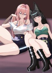 Rule 34 | 2girls, absurdres, alternate costume, bare shoulders, black boots, black hair, black skirt, blunt bangs, boots, bra, camisole, cerbieduckie, crop top, grin, hair intakes, hand up, high heel boots, high heels, highres, hoshimi miyabi, long hair, looking at viewer, midriff, multiple girls, off-shoulder shirt, off shoulder, pencil skirt, pink hair, purple eyes, shirt, short sleeves, skirt, smile, spaghetti strap, thick thighs, thighs, tsukishiro yanagi, underwear, very long hair, white shirt, zenless zone zero