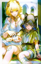 2girls aglaea_(honkai:_star_rail) animal_ear_fluff animal_ears bandaged_arm bandaged_leg bandages blonde_hair blue_eyes breasts cat_ears cat_girl cipher_(honkai:_star_rail) cleavage commentary dress english_commentary green_eyes grey_hair highres honkai:_star_rail honkai_(series) jewelry large_breasts laurel_crown multiple_girls nail_polish necklace open_mouth parted_lips rags short_hair sitting thijikoy white_dress