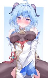 1girl ahoge bare_shoulders bell black_pantyhose blue_gloves blue_hair blush breasts covered_navel detached_sleeves ganyu_(genshin_impact) genshin_impact gloves gold_trim highres long_hair looking_at_viewer medium_breasts neck_bell nose_blush pantyhose pekokota purple_eyes red_rope rope sidelocks sitting solo sweat taut_clothes torn_clothes torn_pantyhose vision_(genshin_impact) white_sleeves