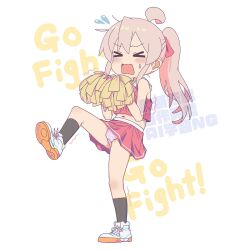 &gt;_&lt; 1girl ahoge bare_arms bare_legs bare_shoulders black_socks cheerleader commentary english_text flying_sweatdrops frilled_panties frills full_body highres holding holding_pom_poms long_hair matado_(almukha) midriff navel onii-chan_wa_oshimai! open_mouth oyama_mahiro panties pink_hair pink_panties pom_pom_(cheerleading) pom_poms ponytail red_shirt red_skirt shirt shoes simple_background skirt sleeveless sleeveless_shirt sneakers socks solo standing standing_on_one_leg sweatdrop trembling underwear watermark wavy_mouth white_background