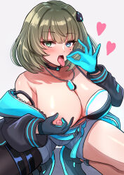 1girl absurdres aqua_belt aqua_jacket bare_shoulders bikini bikini_under_clothes black_bikini black_gloves black_jacket blue_eyes blush breasts choker cleavage collarbone cyber_fashion dance_on_the_galaxy_(idolmaster) dog_tags fellatio_gesture gloves glowing_clothes green_eyes green_hair grey_shorts hair_ornament heterochromia highres idolmaster idolmaster_cinderella_girls jacket jewelry large_breasts latte_(a_nextsystem) looking_at_viewer multicolored_bikini multicolored_jacket necklace nipples open_clothes open_jacket open_mouth short_hair shorts single_bare_leg single_leg_pantyhose solo squatting swimsuit takagaki_kaede thighs tongue tongue_out two-sided_fabric two-sided_jacket two-tone_bikini two-tone_bra two-tone_gloves two-tone_jacket