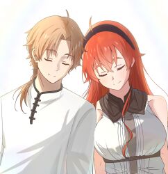 Rule 34 | 1boy, 1girl, ahoge, black hairband, blonde hair, breasts, closed eyes, closed mouth, crossed bangs, eris greyrat, hair between eyes, hairband, hetero, highres, large breasts, leaning on person, leaning to the side, long hair, mushoku tensei, parted bangs, raikun nekoneko, red hair, rudeus greyrat, shirt, simple background, sleeping, sleeping upright, sleeveless, sleeveless shirt, upper body, white background, white shirt