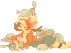 1girl :3 blue_overalls bow brown_hair closed_eyes commentary_request gen_2_pokemon hand_on_own_face hat hat_bow head_rest long_hair lying lyra_(pokemon) nintendo on_head on_stomach open_mouth overalls pokemon pokemon_(creature) pokemon_hgss pokemon_on_head red_bow red_ribbon red_shirt ribbon sakumomi shirt simple_background tail teeth thighhighs three-quarter_sleeves upper_teeth_only white_background white_hat white_thighhighs wooper