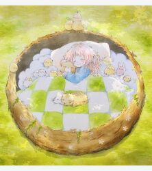 1girl anna_(k0130) bed bird blue_pajamas blue_shirt blunt_bangs blush cat chick closed_eyes closed_mouth commentary_request cushion dappled_sunlight eyelashes flower grass highres leaf letterboxed long_hair nest original pajamas pillow pink_flower pink_hair plant rabbit shadow shirt smile solo sprout sprout_on_head stuffed_animal stuffed_toy sunlight teddy_bear under_covers vines