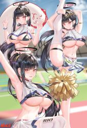 1boy 1girl :d arm_up armpits asrkty bare_shoulders bikini black_bikini black_hair blue_archive blush bracelet breasts cameltoe cheerleader chinese_commentary commentary_request doodle_sensei_(blue_archive) double_v halo highres jewelry large_breasts long_hair looking_at_viewer multiple_views navel open_mouth pleated_skirt pom_pom_(cheerleading) ponytail red_eyes ringed_eyes rio_(blue_archive) see-through_clothes see-through_skirt sensei_(blue_archive) skirt sleeveless smile split standing standing_on_one_leg standing_split sweat swimsuit thighhighs v variant_set white_thighhighs