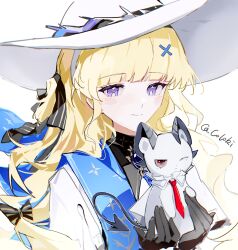 Rule 34 | 1girl, animalization, artist name, black gloves, black horns, black tail, blonde hair, blue sash, chinese commentary, closed mouth, coloki, commentary request, corrupted twitter file, curled horns, gloves, hair ornament, hat, highres, horns, long hair, looking at animal, one eye closed, phoebe (wuthering waves), purple eyes, sash, shirt, smile, upper body, white background, white hat, white shirt, wuthering waves, x hair ornament, zani (wuthering waves)