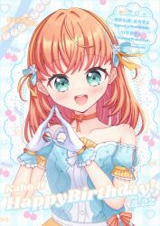 Rule 34 | 1girl, :d, aqua eyes, bare shoulders, blue background, blue dress, blush, celebration! (love live!), character name, cherry background, collarbone, commentary request, dated, detached sleeves, double ok sign, dress, food-themed background, gingham background, happy birthday, highres, hinoshita kaho, link! like! love live!, looking at viewer, love live!, medium hair, miimaru, official alternate costume, ok sign, open mouth, orange hair, own hands together, puffy short sleeves, puffy sleeves, short sleeves, smile, solo, strapless, strapless dress, upper body, virtual youtuber, watermark