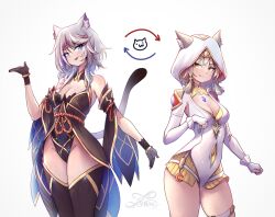 2girls :3 animal_ears animal_hood cat_ears cat_girl cat_hood character_request cipher_(honkai:_star_rail) commentary cosplay costume_switch english_commentary highleg highres honkai:_star_rail honkai_(series) hood lustercool multiple_girls thick_thighs thighs xenoblade_chronicles_(series) xenoblade_chronicles_2
