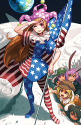 6+girls american_flag american_flag_dress american_flag_legwear angry animal_ears black_hair blonde_hair clownpiece collar contrapposto crater doyora earth_(planet) extra fairy_wings flag floppy_ears frilled_collar frilled_shirt_collar frills full_body hat inaba_tewi jester_cap legacy_of_lunatic_kingdom long_hair medical_whiskey moon multiple_girls neck_ruff no_shoes on_moon one_eye_closed orbit pantyhose pink_hair planet polka_dot print_legwear rabbit rabbit_ears red_eyes reisen reisen_udongein_inaba riftgarret ringo_(touhou) salute seiran_(touhou) short_sleeves space standing star_(symbol) touhou very_long_hair wings